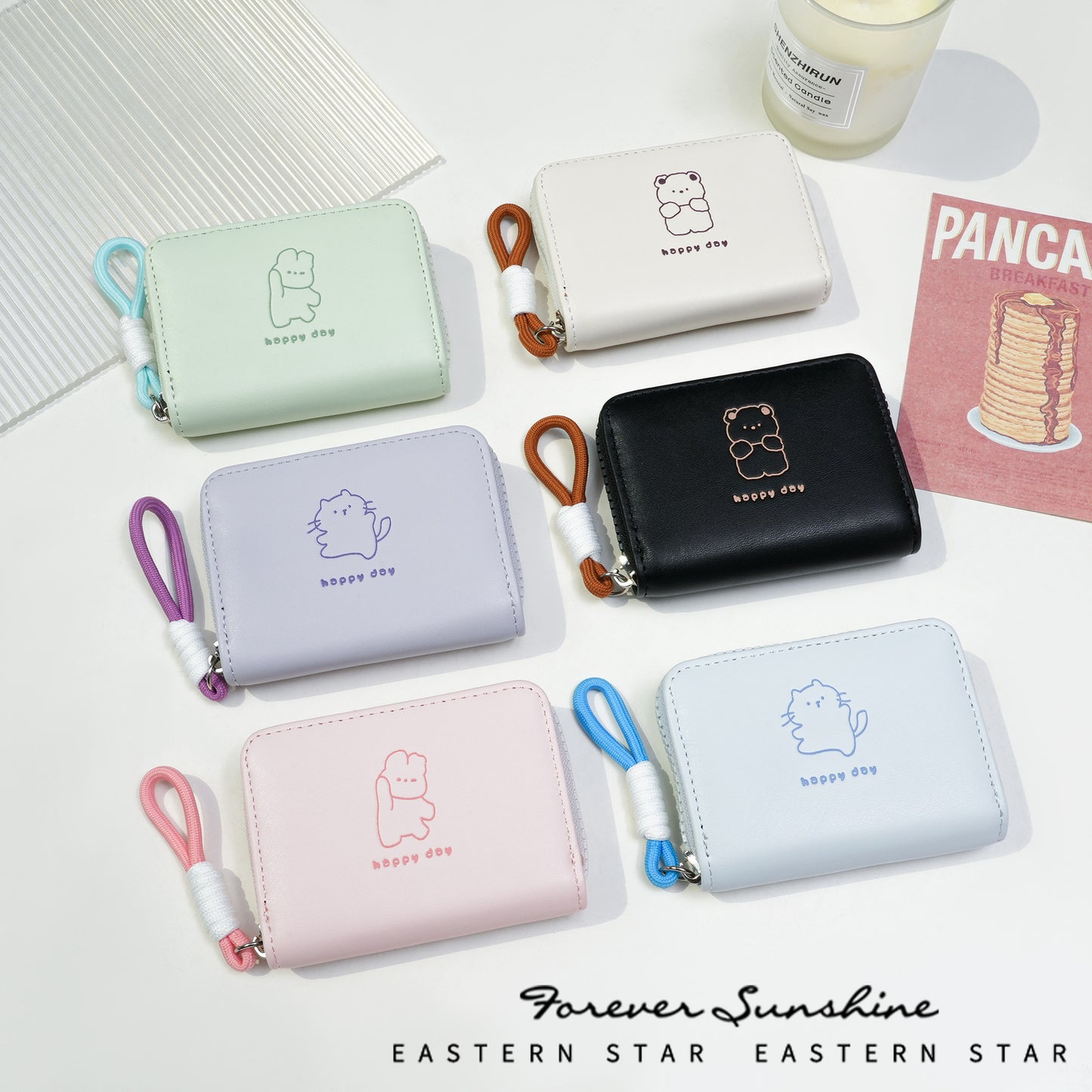 Women's Wallet Cute Cat Pattern Short Card Holder with Bends and Hitches Lanyard Women's Simple Daily Coin Purse