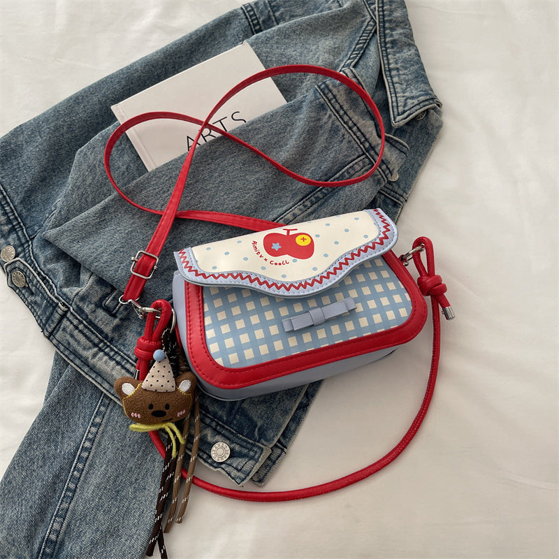 Cute Apple Small Square Bag Urban Simple Style Plaid Bow Design Fashionable All-Match Shoulder Messenger Bag