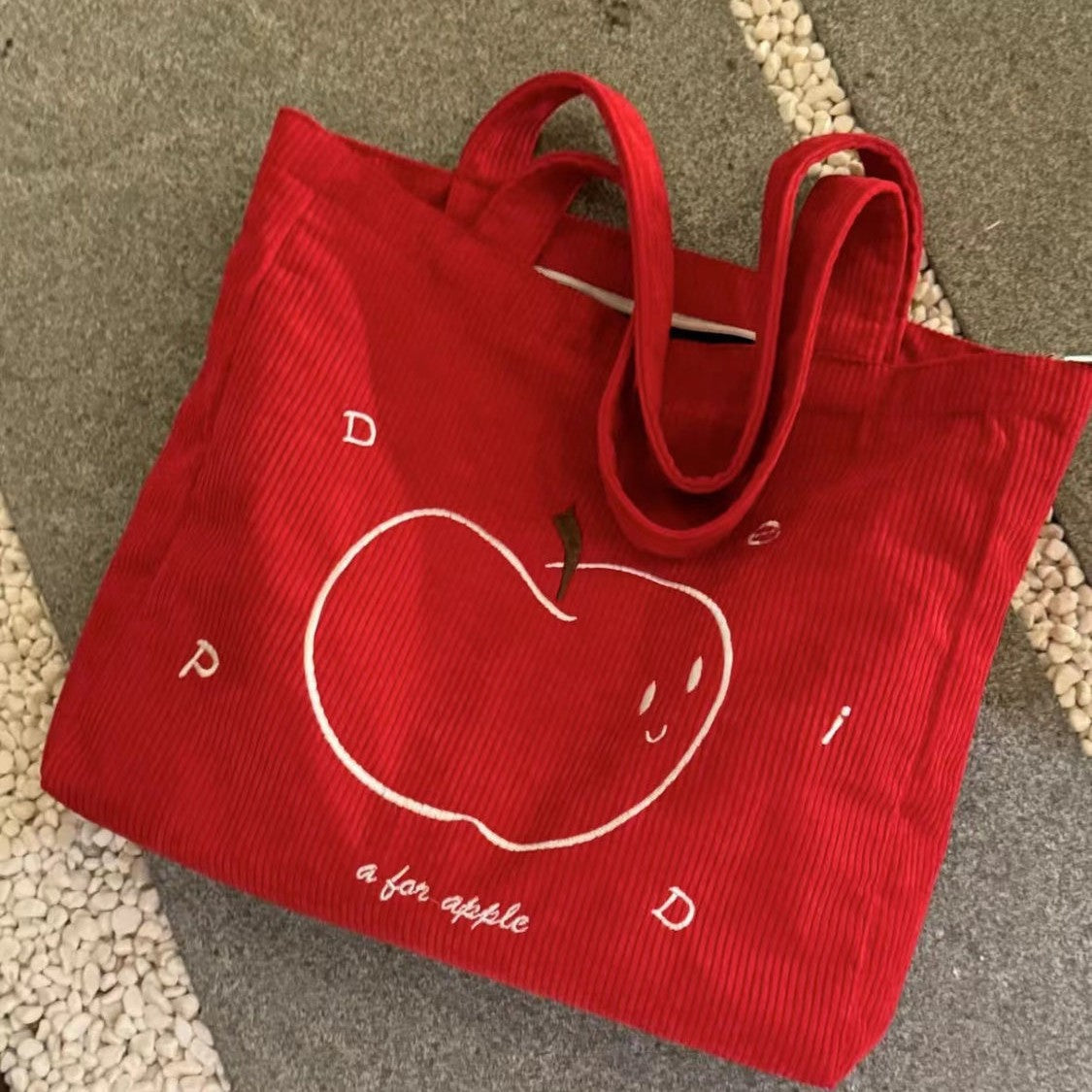 New Corduroy Apple Embroidered Tote Bag Large Capacity Commute Leisure Travel Shoulder Bag