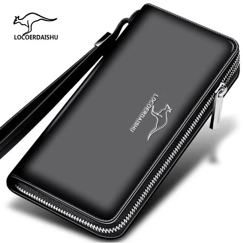 Stylish Men's Long Wallet with Multiple Card Slots, Waterproof PU Leather, Zipper Closure and Wrist Strap for Business Travel