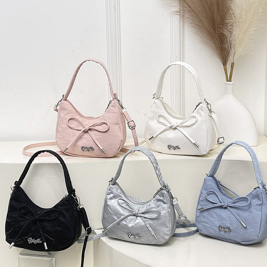 2025 Summer New Chic Bowknot Handbag for Women, Soft Canvas Shoulder Crossbody Bag with Zipper Closure and Stylish Design