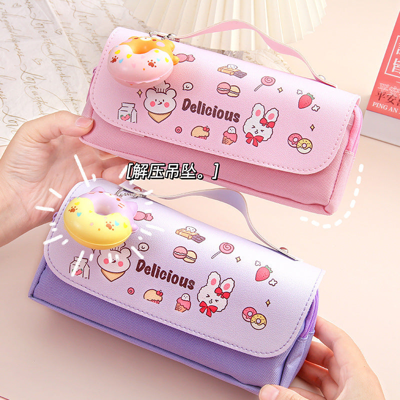 Cute Kawaii Pencil Case with Sweet Donut Charm and Multiple Compartments for Students