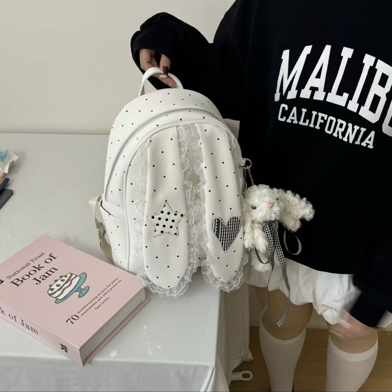 Cute Polka Dot Backpack with Lace Trim and Heart Star Design, Perfect for Daily Use and School