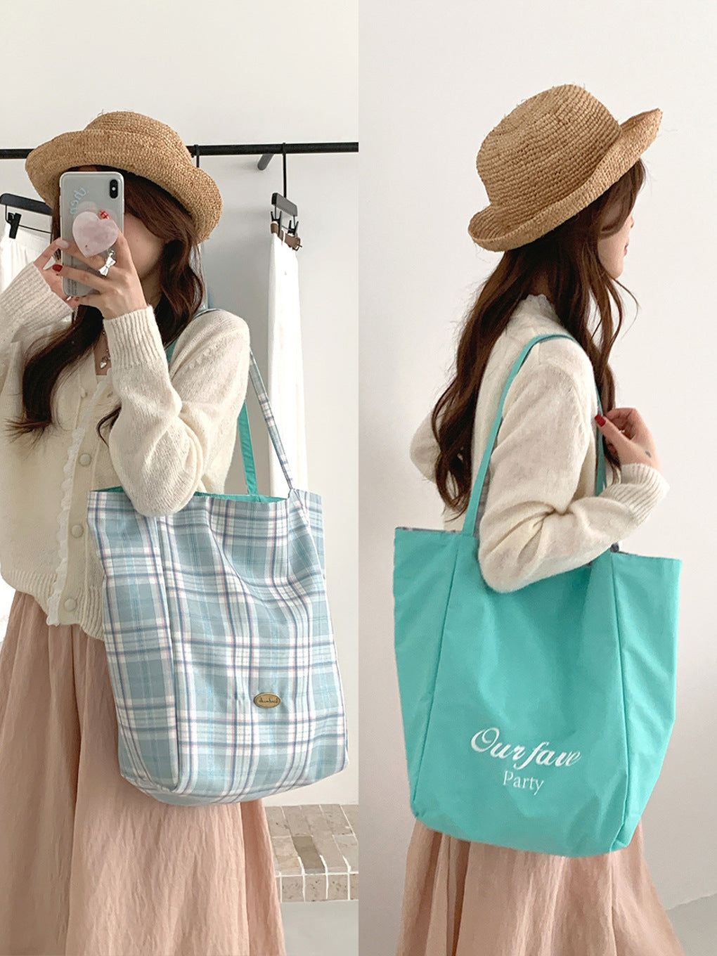 Casual Reversible Tote Bag with Plaid Design and Waterproof Nylon Lining for Daily Commute and Fashionable Outfits