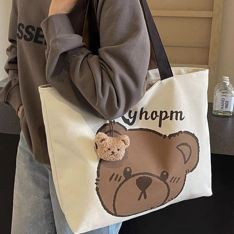 Cute Bear Print Tote Bag with Soft Canvas Material and Double Handles for Daily Use