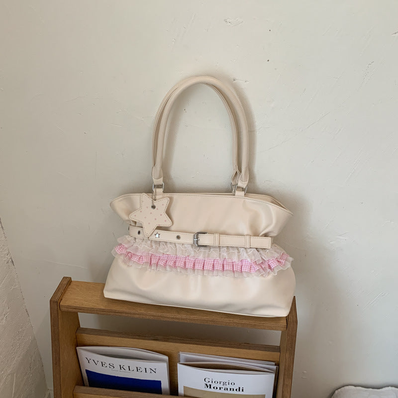 Elegant Ruffle Design Tote Bag with Belt Detail and Star Charm for Daily Use