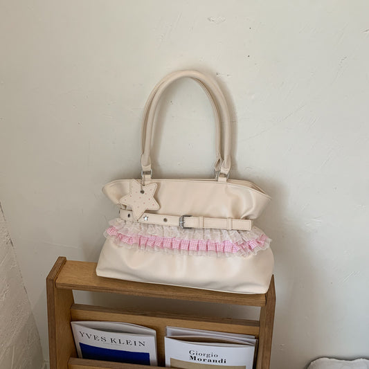Elegant Ruffle Design Tote Bag with Belt Detail and Star Charm for Daily Use