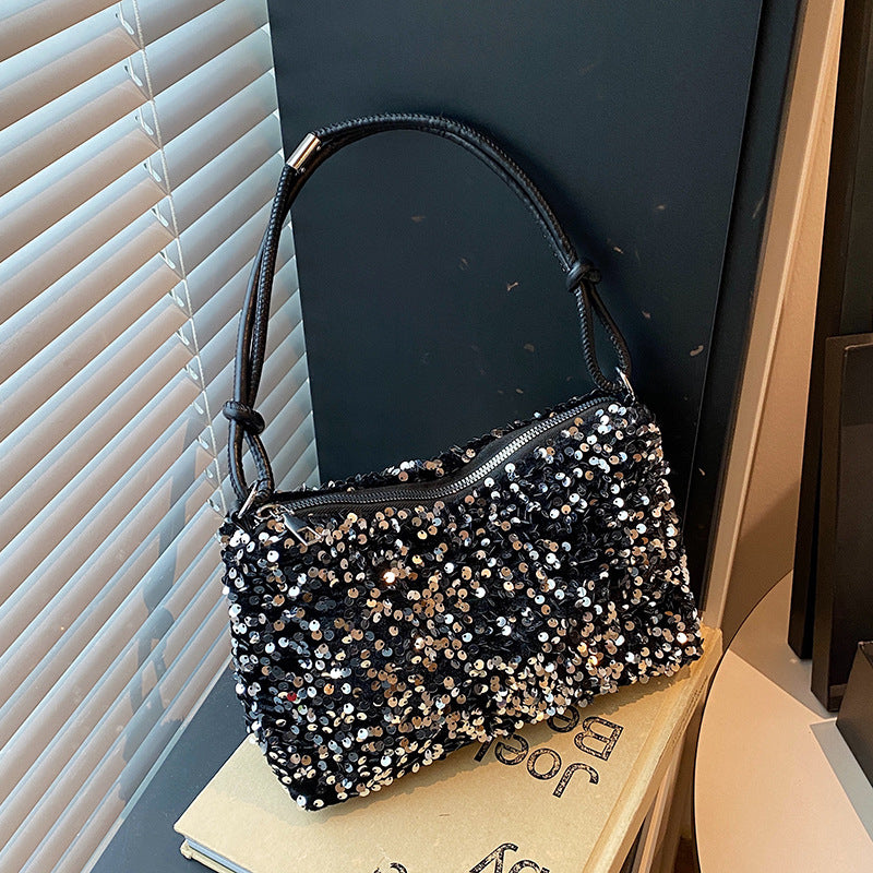Fashionable Sequins Shoulder Bag Women's New Crescent-Shaped Design Daily Dinner Dual-Use Crossbody Bag