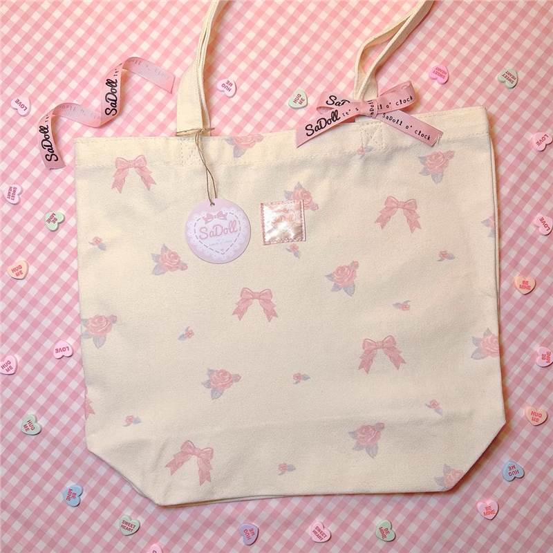Cute Floral Tote Bag for Women 2024 Korean Style Bow Print Canvas Shoulder Bag for Daily Use and Commuting