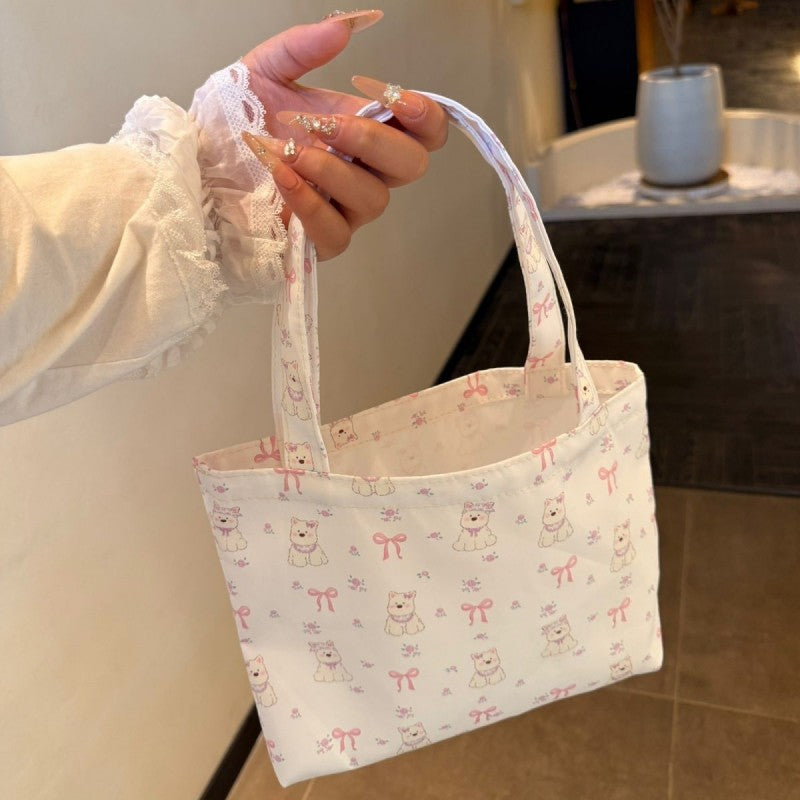 Korean Style Cute Dog Print Tote Bag with Floral Pattern, Perfect for Daily Use and Commuting