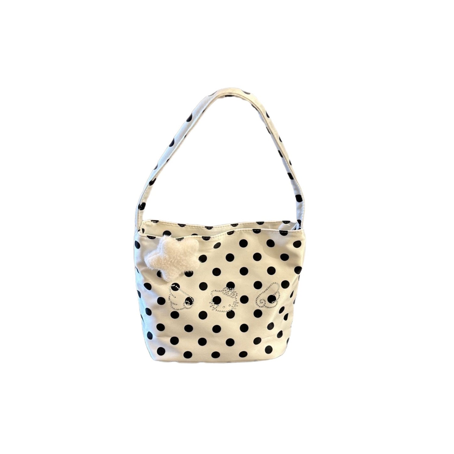 Cute Polka Dot Kitty Shoulder Bag with Rhinestone Details and Fluffy Charm for Daily Fashion