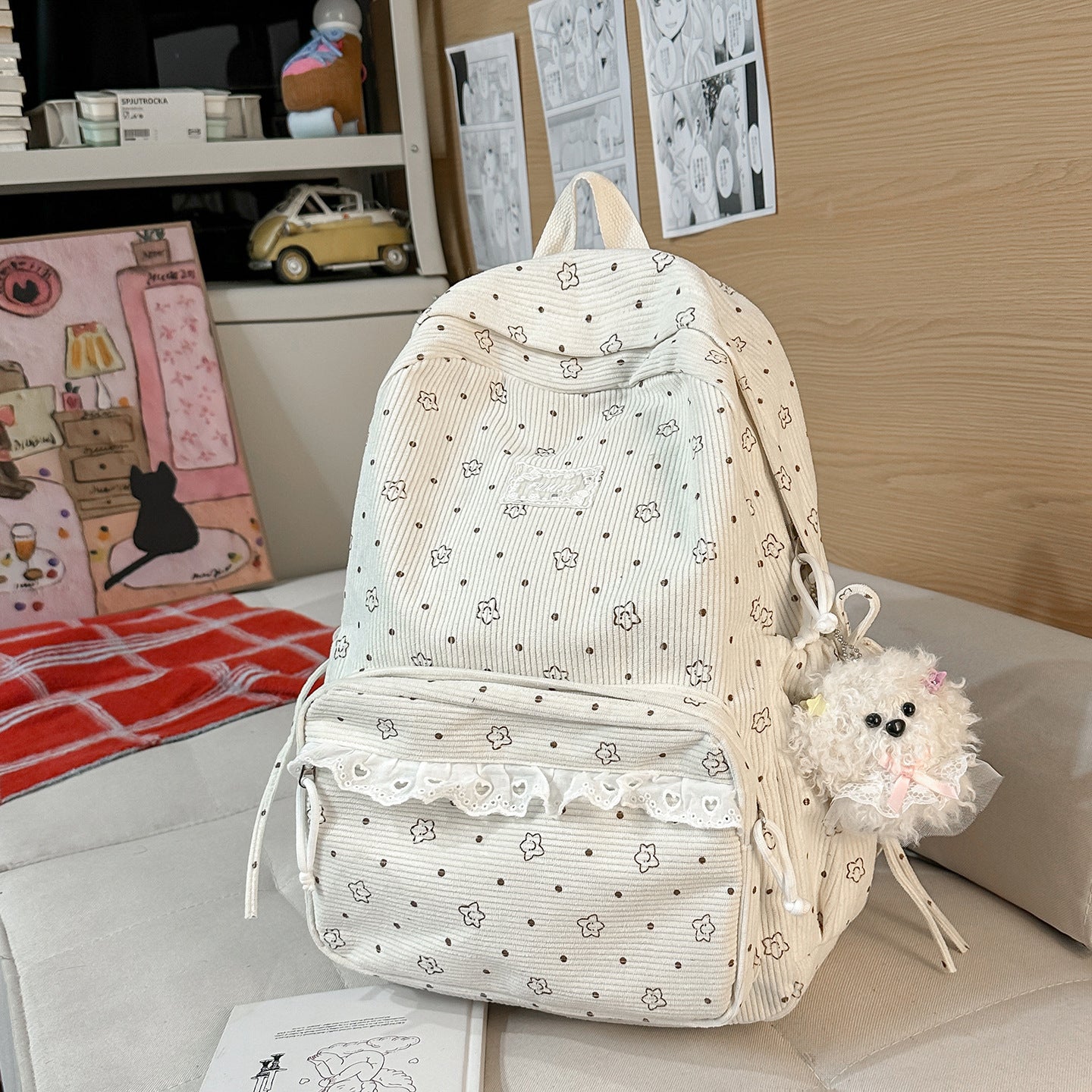 Artistic Fresh Student Backpack Soft Corduroy Material Lace Large Capacity Breathable Design