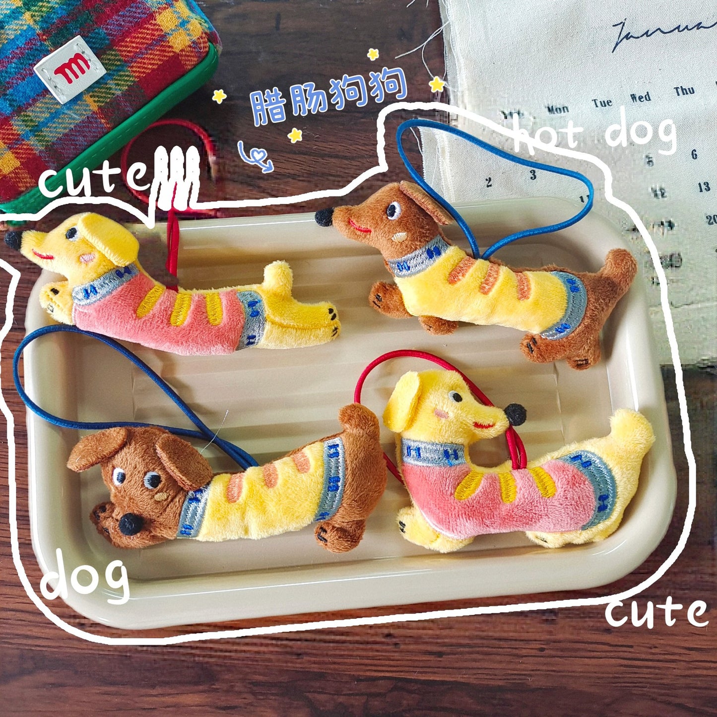 Cute Cartoon Dachshund Plush Keychain for Bag and Phone Decoration, Handmade Soft Toy with Stitched Details