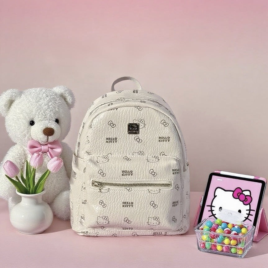 Cute Hello Kitty Print Backpack for Women, Fashionable Campus Style with Large Capacity and Waterproof PU Material