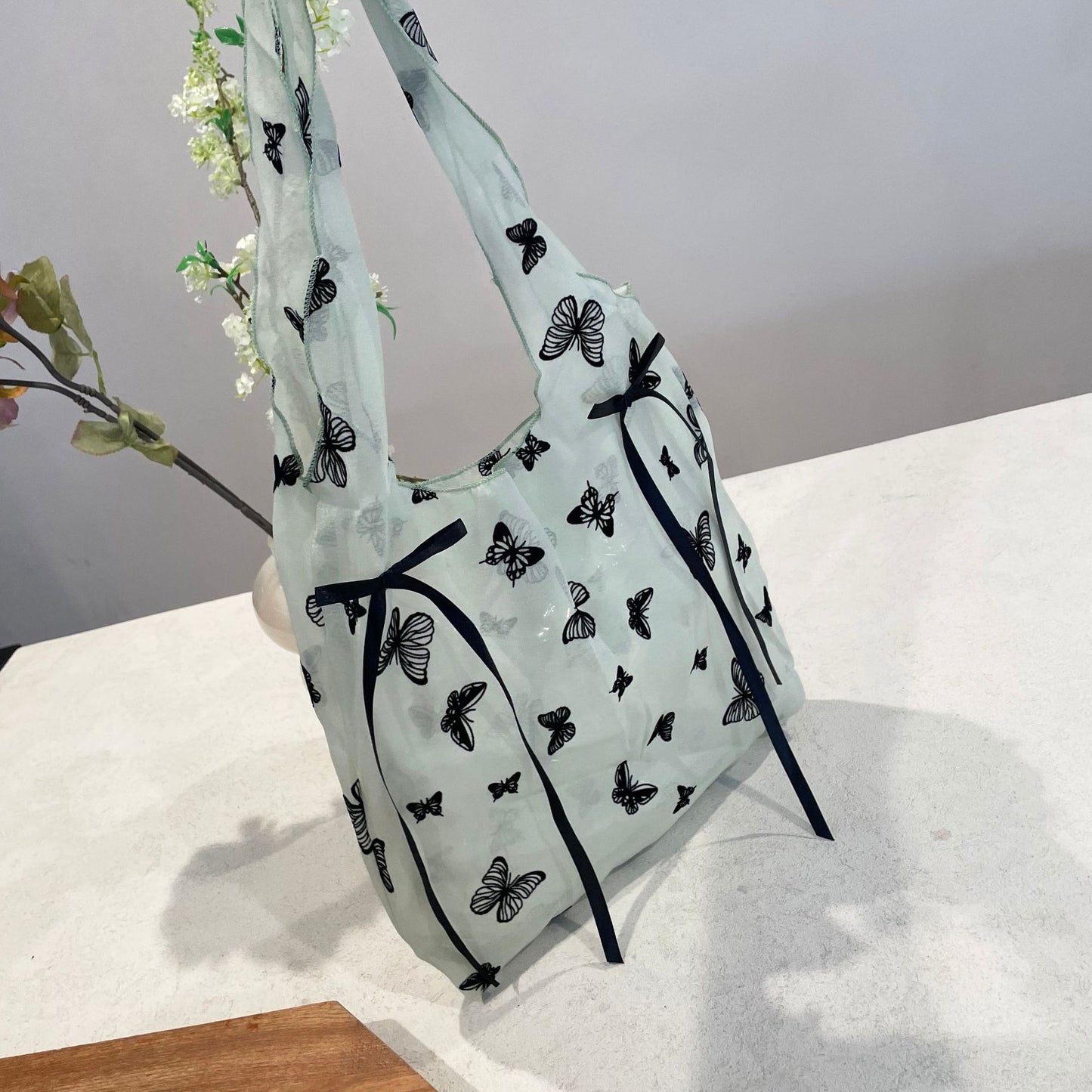 Korean Style Sheer Butterfly Embroidery Tote Bag with Bow Details for Beach Vacation and Daily Use