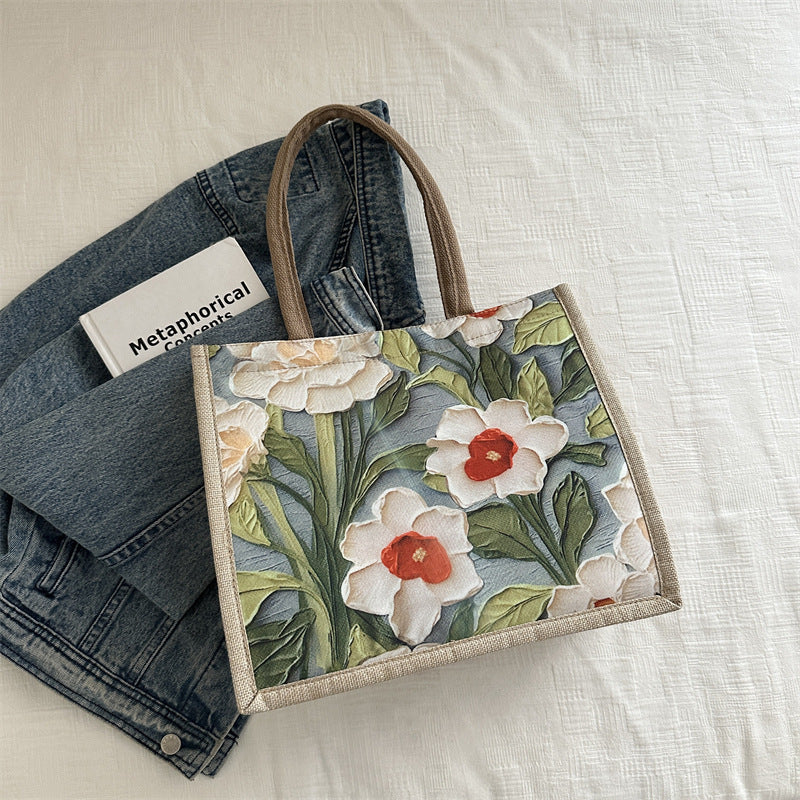Large Capacity Linen Commuter Bag Women's New Shoulder Ethnic Style Student Handheld Class Portable Tote Bag
