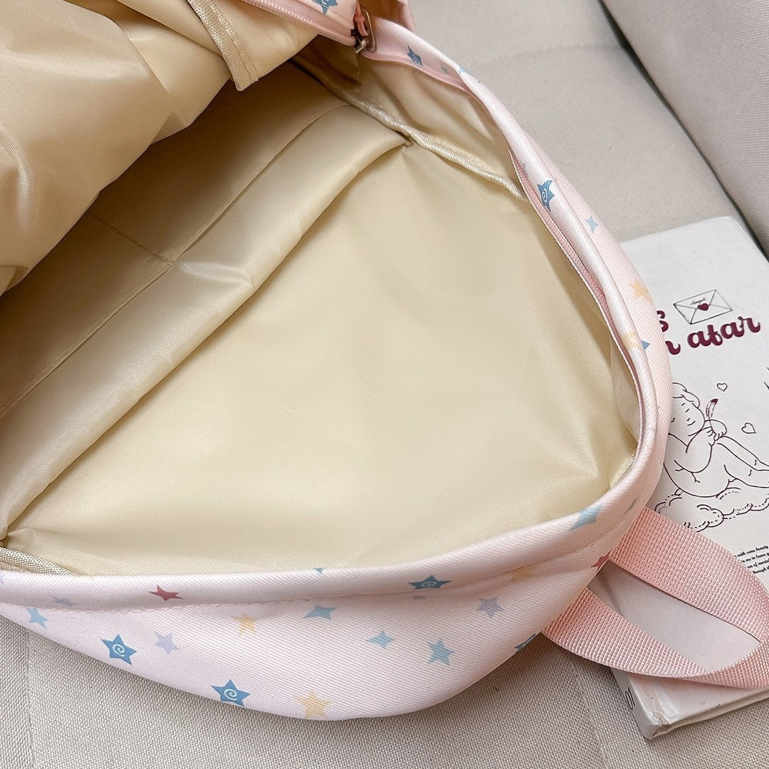 Cute Pastel Star Print Backpack for Girls, Soft Nylon School Bag with Front Pocket and Charm Design, Perfect for Elementary Students