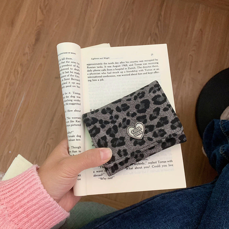 Chic Leopard Print Trifold Wallet with Heart Charm for Women, Fashionable and Spacious Design