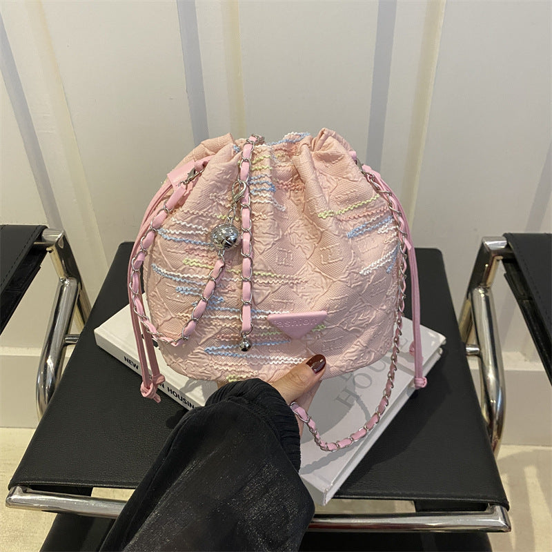 New Chinese Style Rainbow Striped Embroidered Bucket Bag New Summer Rhombus Chain Indentation Shoulder Crossbody Lucky Bag