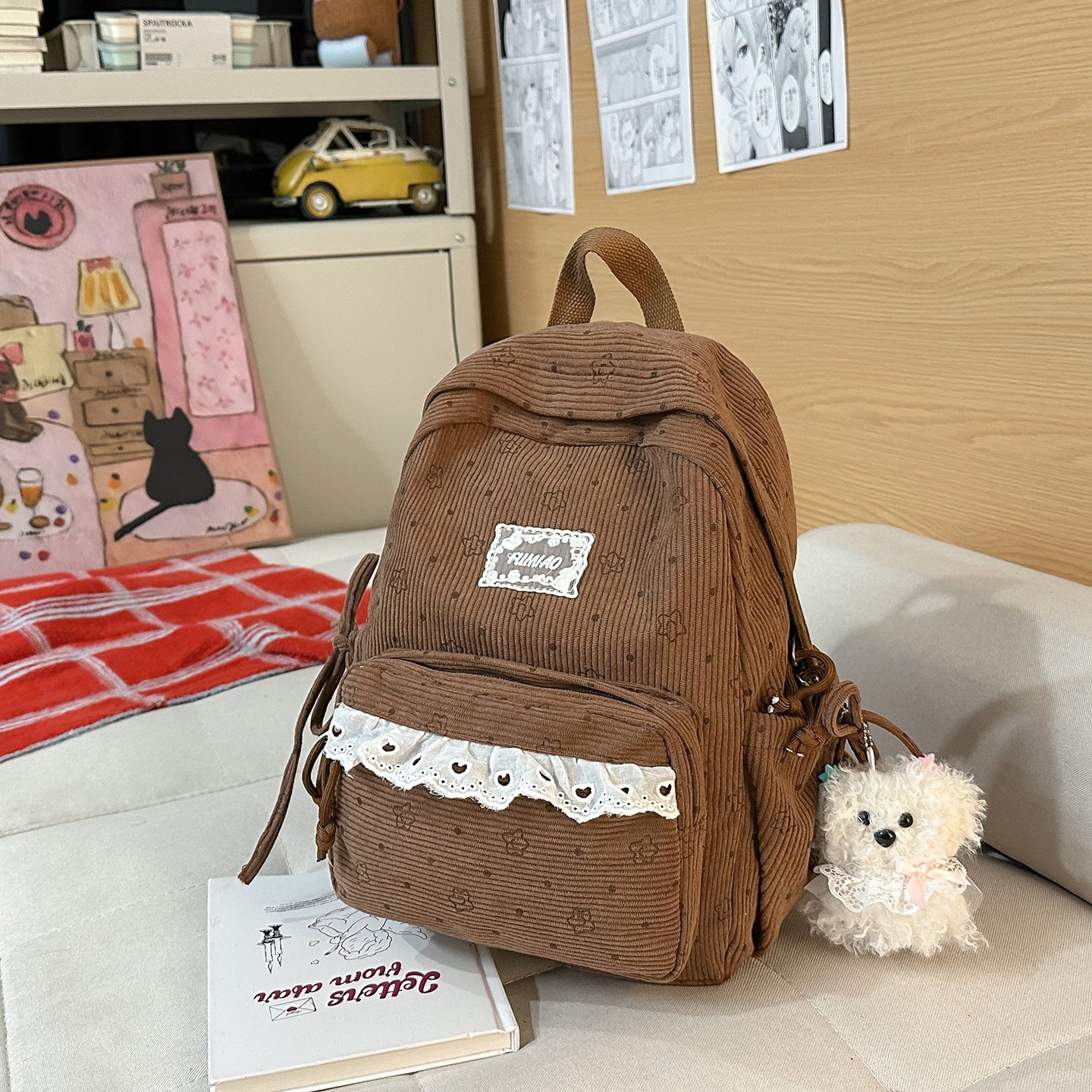 Artistic Fresh Student Backpack Soft Corduroy Material Lace Large Capacity Breathable Design