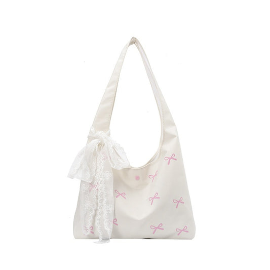 Canvas Bag Women's Super Beautiful Embroidered Bow Fairy Bag Artisitc Large Capacity All-Match Shoulder Bag