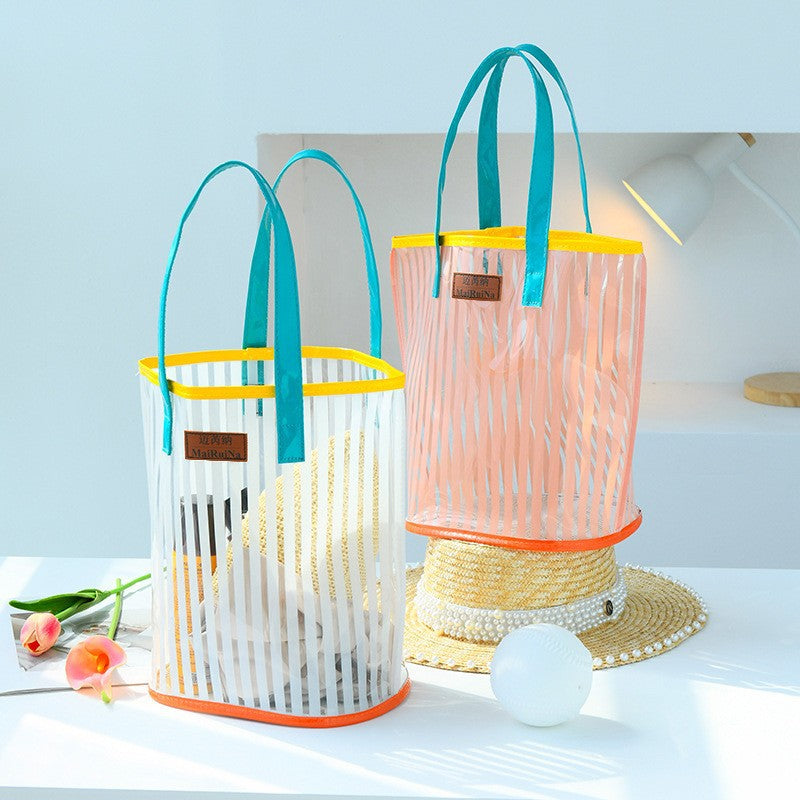 Transparent Foldable Cosmetic Bag with Stripes - Waterproof & Portable Storage for Makeup and Toiletries