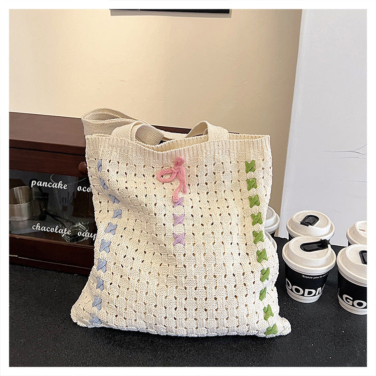 Women's Shoulder Bag New Korean Weaving Tote Bag Bow Design Fashion Casual