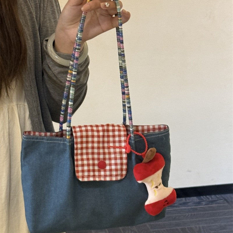 New Large Capacity Denim Shoulder Portable Checked Canvas Bag All-Match Commute Retro Casual Tote Bag Women