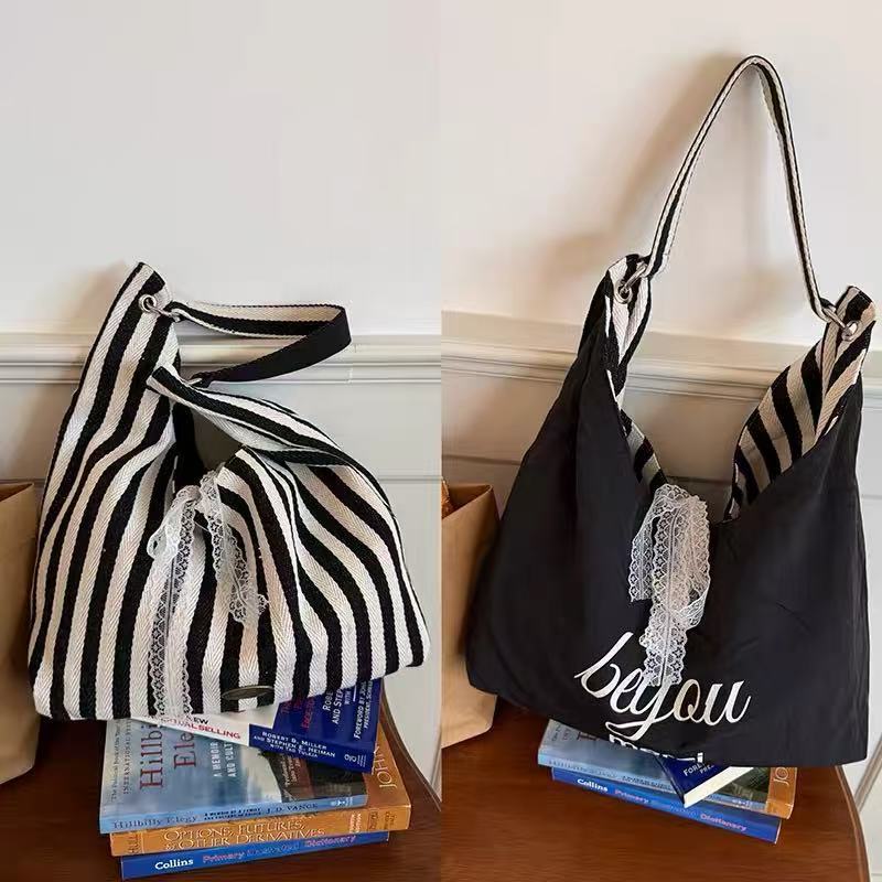 Striped Canvas Tote Bag for Women Summer Casual Large Capacity Shoulder Bag with Lace Detailing