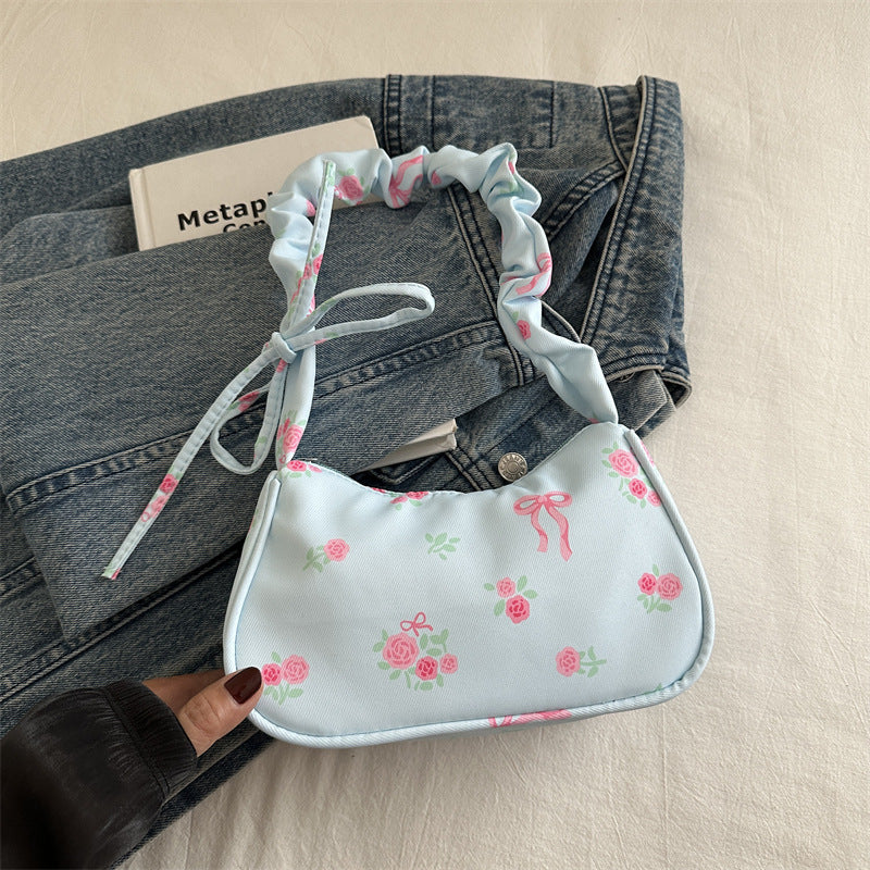 Gentle Sweet Flowers Canvas Bag Female New Drawstring Floral Bow Underarm Bag