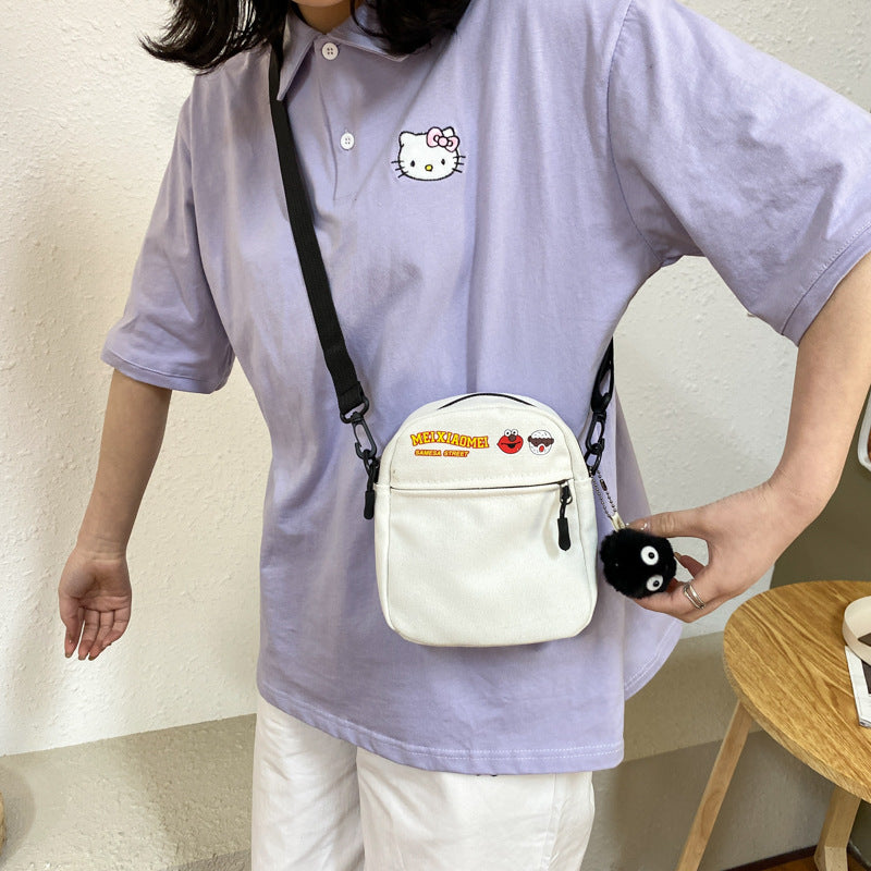 Cute Cartoon Print Canvas Crossbody Bag for Women, Street Style Small Square Bag with Zipper and Phone Pocket