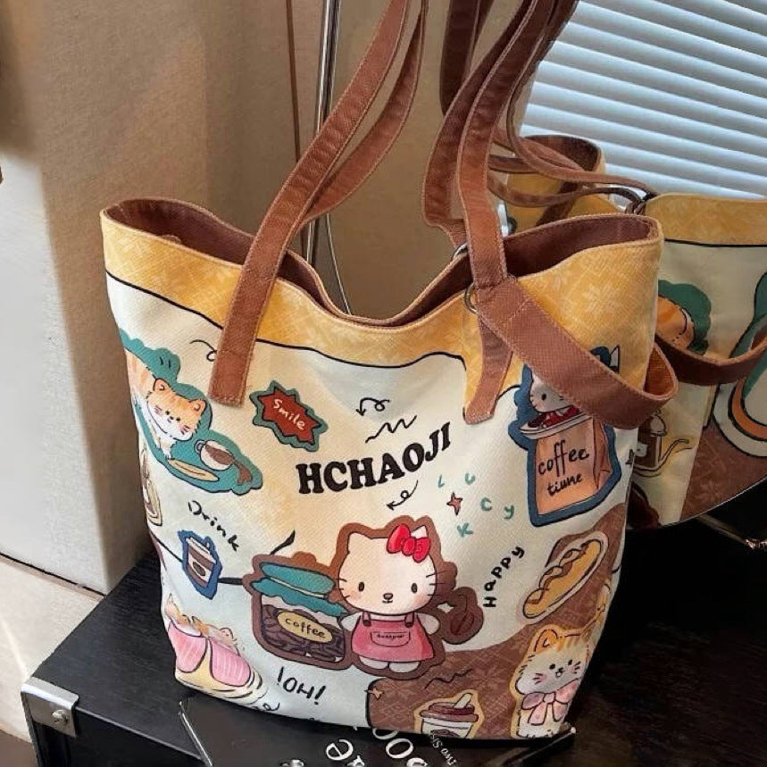 Cute Cartoon Kitty Canvas Tote Bag for Women 2025 New Large Capacity Shoulder Bucket Bag Student School Travel Bag