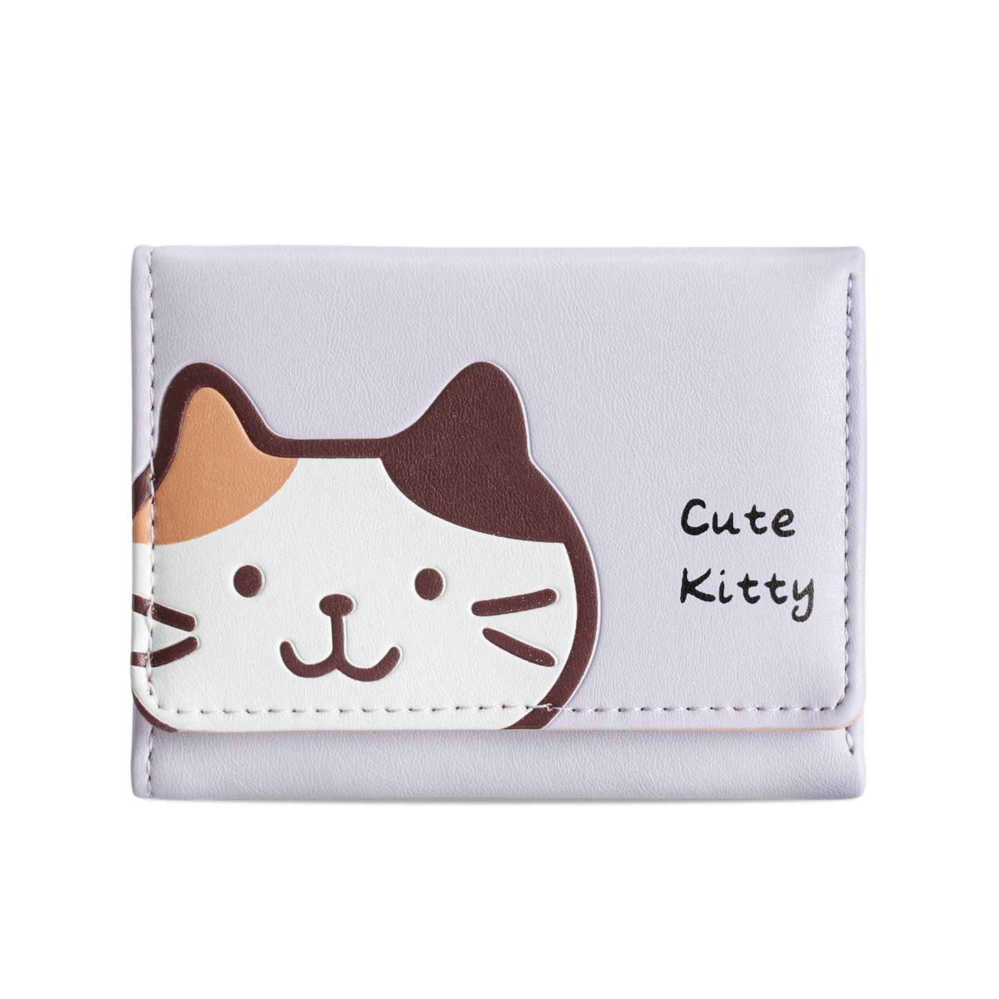 Cute Kitty Print PU Wallet for Women, Fashionable Three-Fold Card Holder with Sweet Cartoon Design