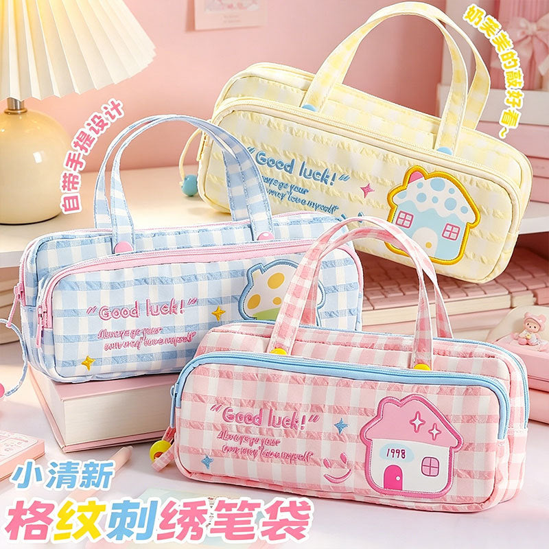 Cute Double-Layer Pattern Lucky Embroidery Pencil Case Large Capacity Portable Portable Ins Style Dopamine Good-looking Stationery