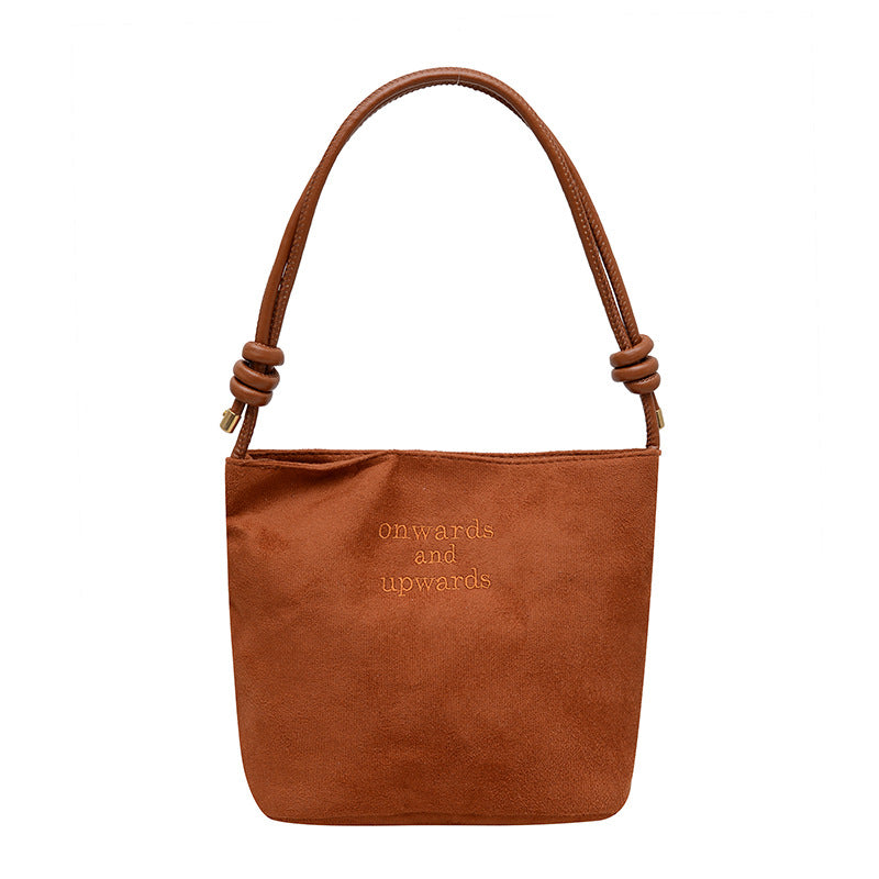 2025 New Autumn Winter Retro Suede Bucket Bag with Letter Embroidery, Casual Crossbody Shoulder Bag for Women