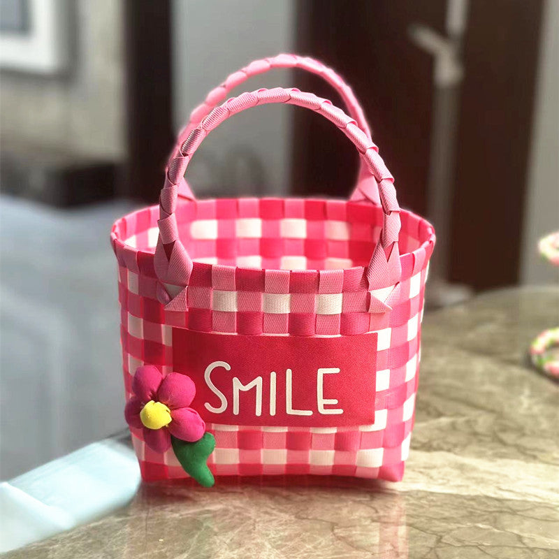 Handwoven Checkerboard Tote Bag for Women, Fashionable Beach & Daily Use, Soft PVC Material with Open Top and Inner Pockets