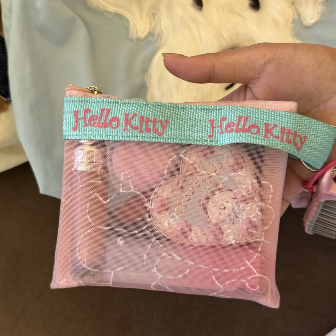 Cute Hello Kitty Mesh Pouch with Transparent Design for Cosmetics and Daily Essentials