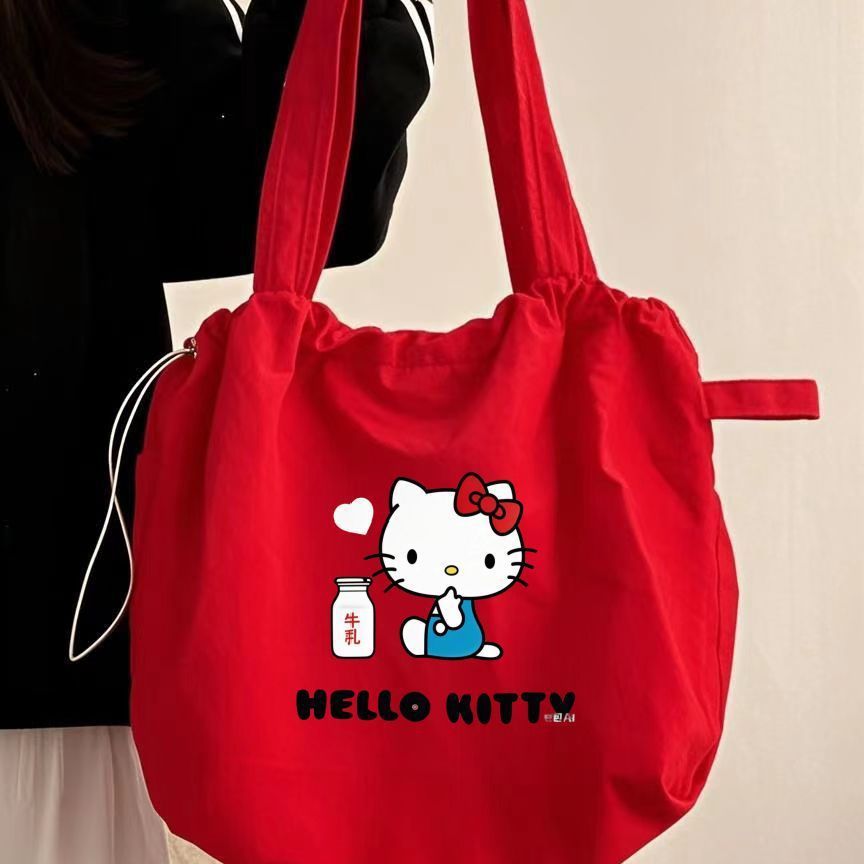Cute Cartoon Tote Bag with Hello Kitty Print, Large Capacity Soft Canvas Shoulder Bag for Students and Daily Use