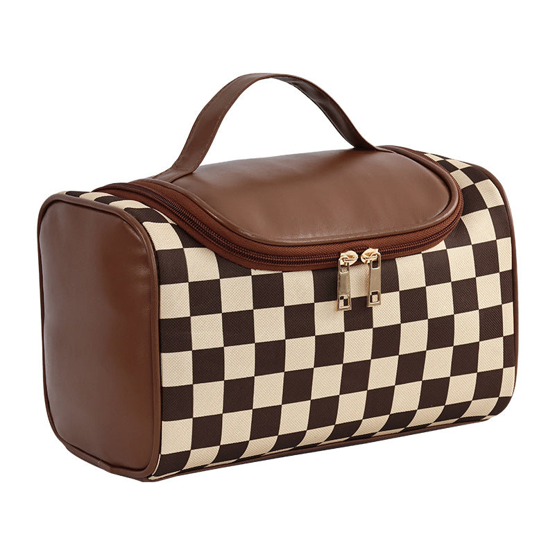 Checkered Hotdog Design Large Capacity Waterproof Cosmetic Bag for Travel and Daily Use
