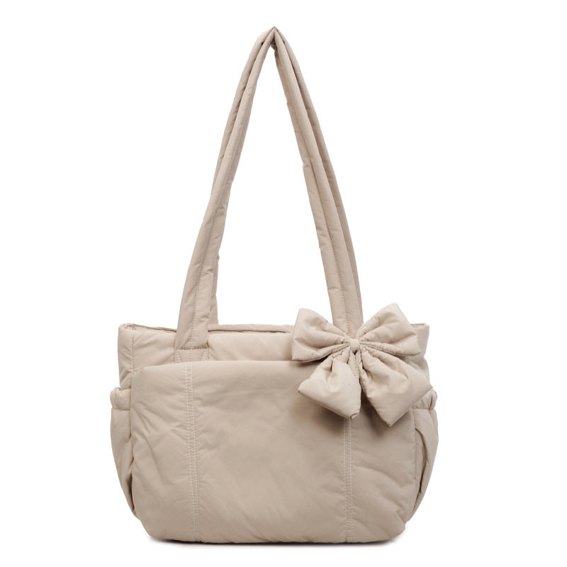 Winter New Bow Tote Bag with Quilted Design and Zipper Closure for Daily Use