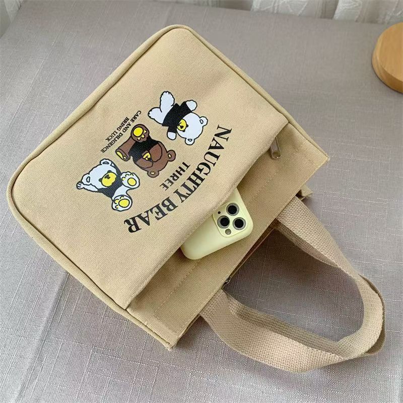 Naughty Bear Three Cute Cartoon Print Canvas Lunch Bag with Zipper Closure and Multiple Inner Pockets for Daily Use