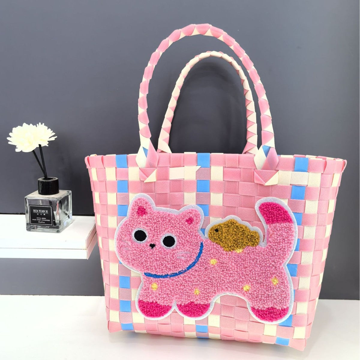 Spring Outing Picnic Bag Portable Plastic Woven Bag Large Capacity Woven Bag Cute Pink Fresh Color Matching Plaid