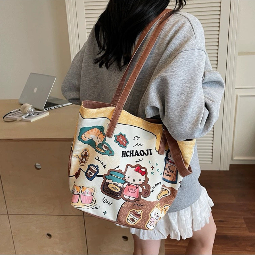Cute Cartoon Kitty Canvas Tote Bag for Women 2025 New Large Capacity Shoulder Bucket Bag Student School Travel Bag