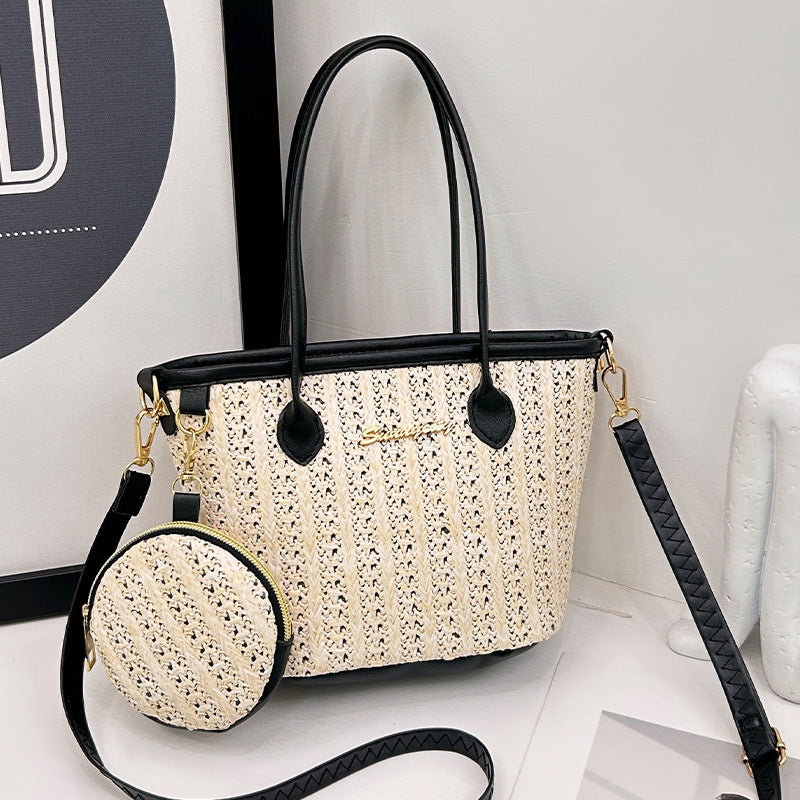Vegetable Basket Handbag Niche Rhombus Textured Bucket Bag Two-Piece Set Bag Hot Sale Straw Bag Women