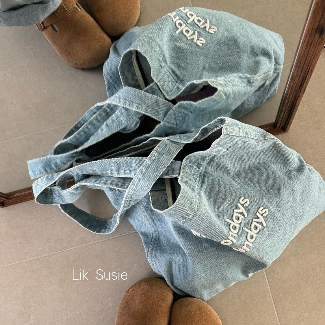 Retro American Denim Tote Bag with Embroidered Quote, Casual Daily Shoulder Bag for Students and Commuters