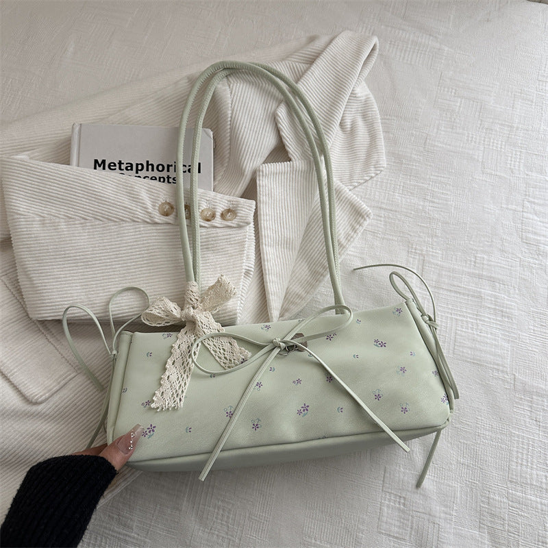 New Fashion Embroidered Handbag for Women Commuter's All-Matching Shoulder Underarm Bow Decoration Baguette Bag
