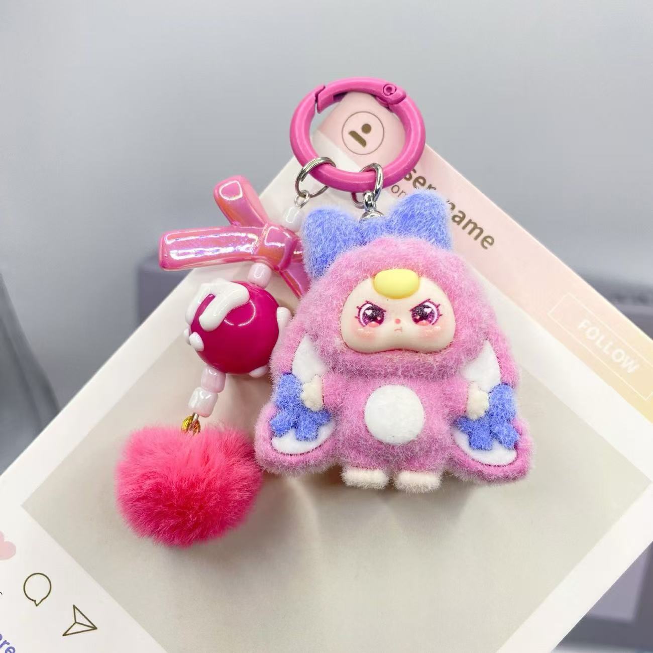 Cute Cartoon Plush Keychain with Pom-Pom and Charm - Perfect Gift for Kids and Girls