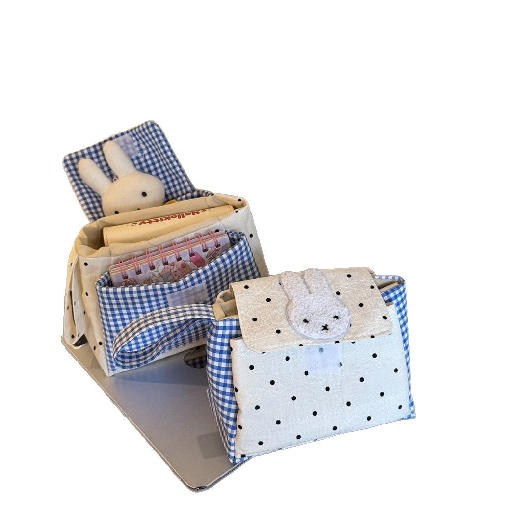 Cute Rabbit Applique Checkered Cosmetic Organizer Bag with Polka Dot Design for Daily Use