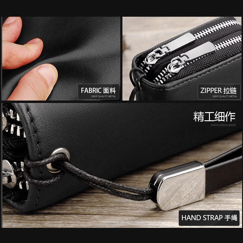 Stylish Men's Long Wallet with Multiple Card Slots, Waterproof PU Leather, Zipper Closure and Wrist Strap for Business Travel