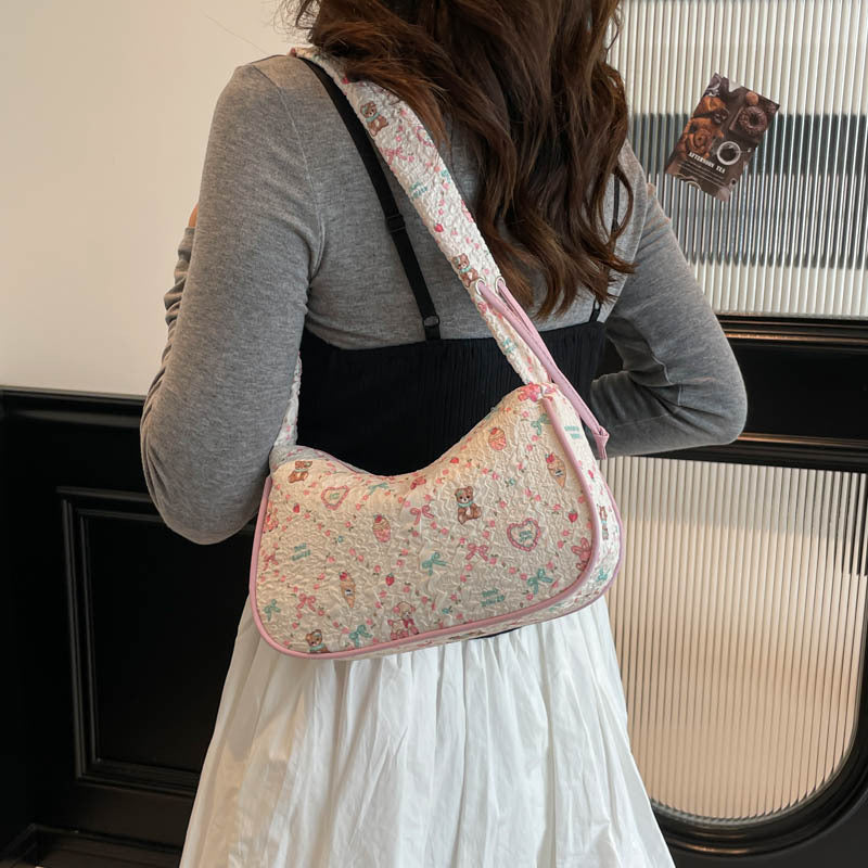 Cute Floral Quilted Crossbody Bag with Bow Detail for Women, Stylish Everyday Shoulder Bag with Zipper Closure and Inner Pockets